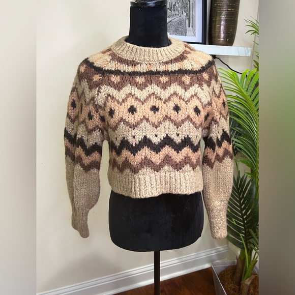 ZARA Fair Isle Tan/Brown Neutrals Carson Geometric Wool Blend Sweater Medium - Picture 2 of 8